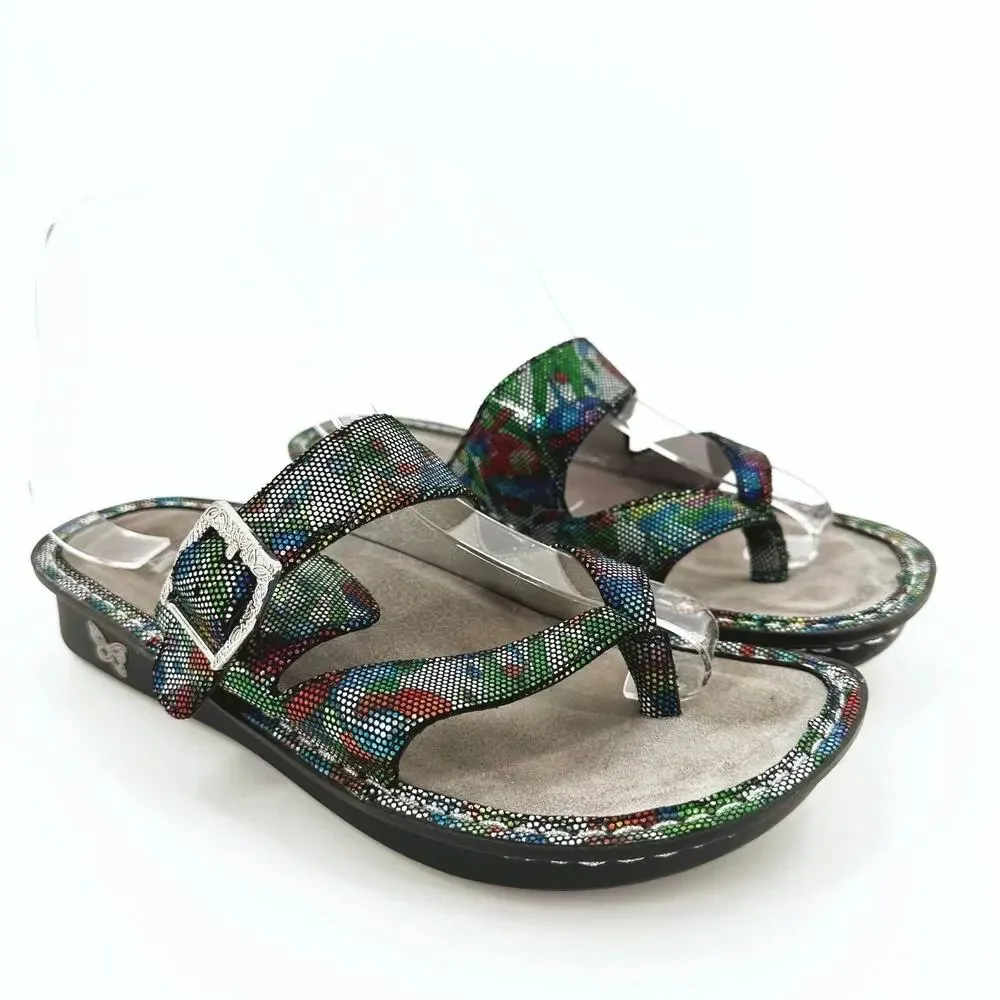 Alegria Womens Valentina Leather Sandal Size 38/US 8 Metallic Rainbow Comfort‎